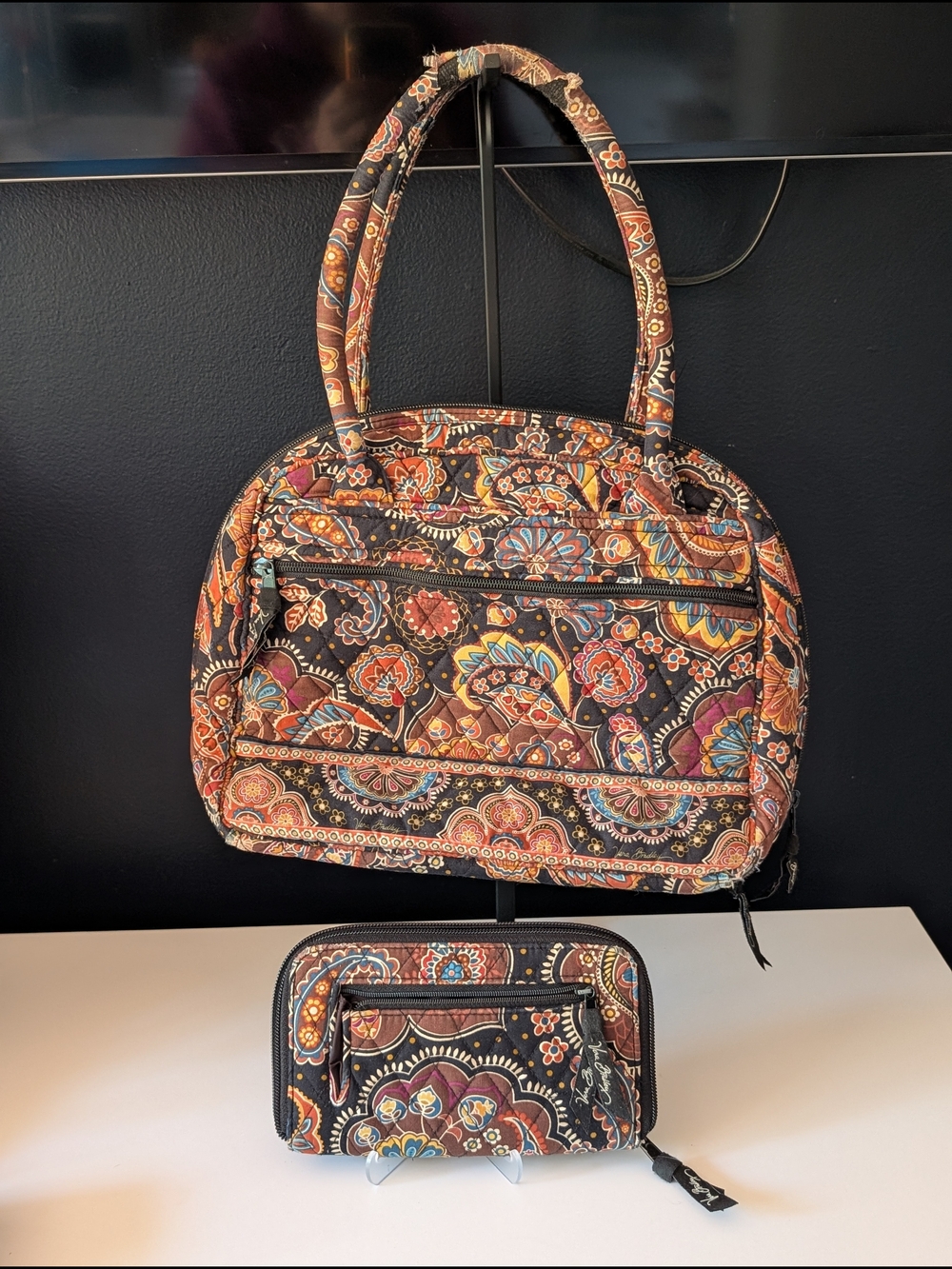 Vera Bradley Brown Floral Quilted Shoulder Bag with Matching Wallet